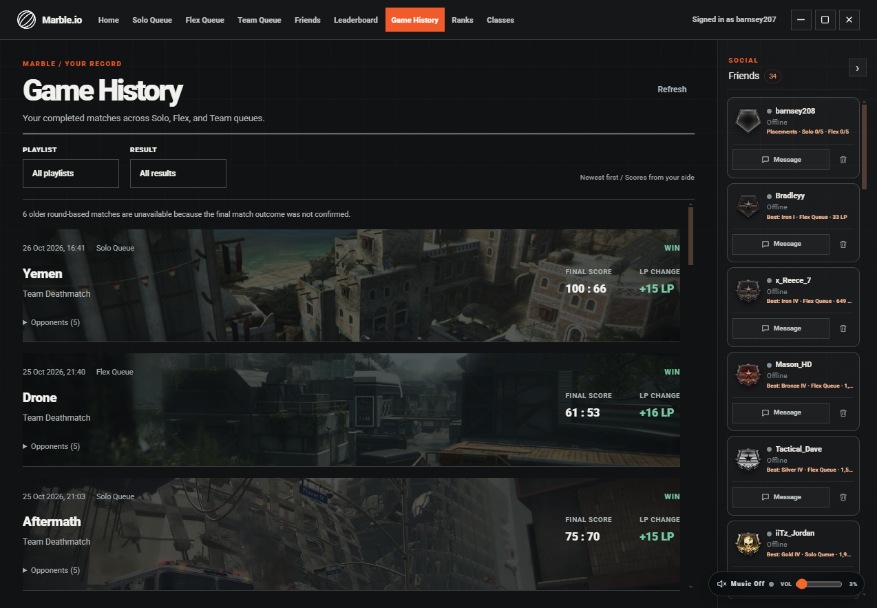 Marble game history showing completed match results