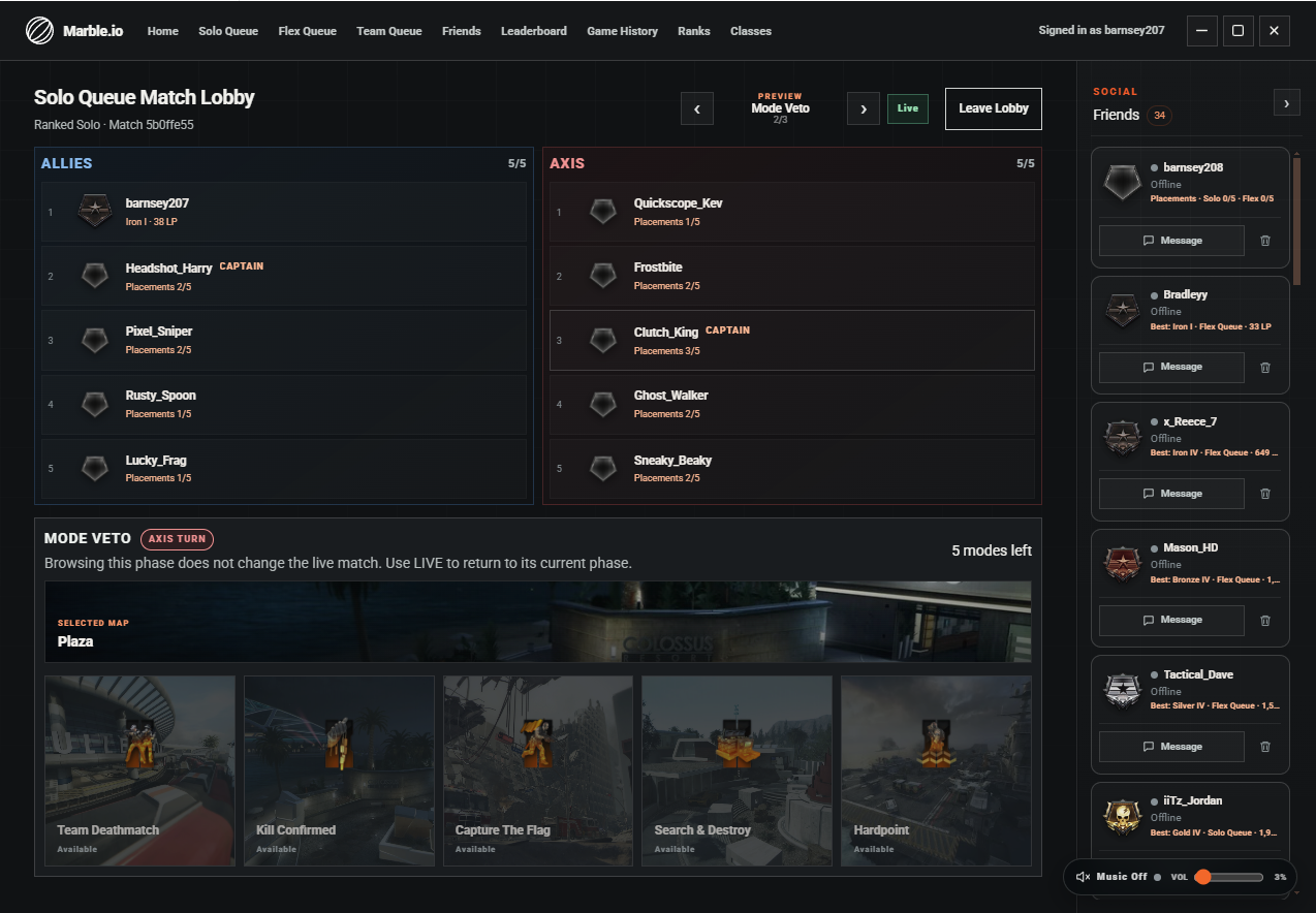 Marble match lobby showing teams and the live mode veto